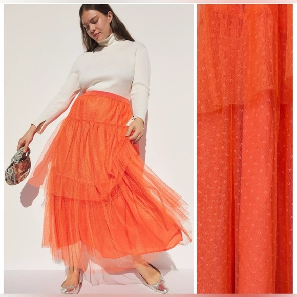 Anthropologie Dresses & Skirts - ANTHROPOLOGIE Evelyn Tulle Dot Tiered Midi Skirt • Orange Soda Clementine